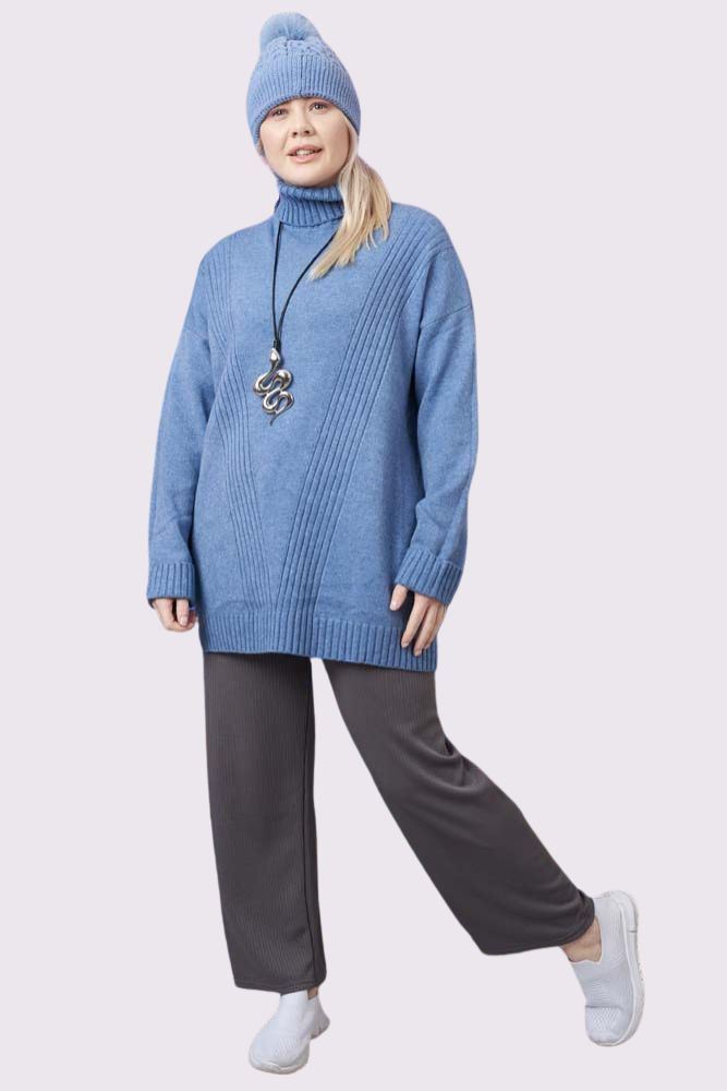 Ribbed Pattern Cowl Neck Tunic Jumper