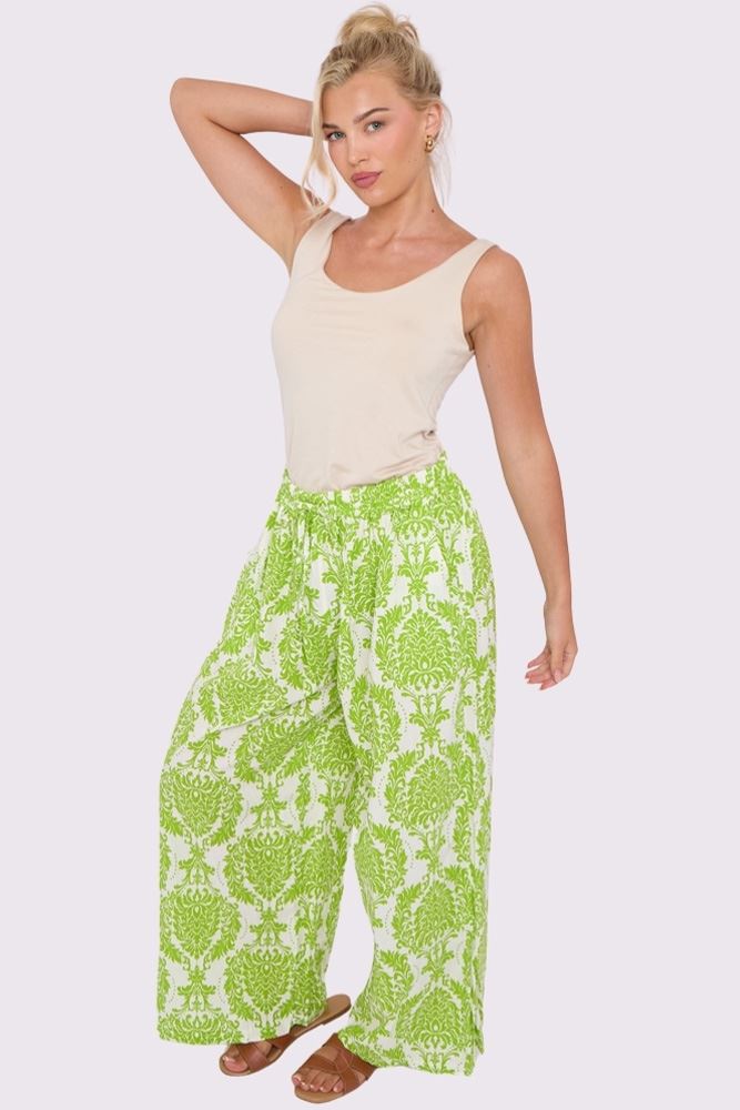 Damask Print Drawstring Waistband Wide Leg Palazzo