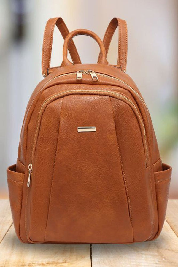 Cognac Top Handle Zip Up Pocket Backpack