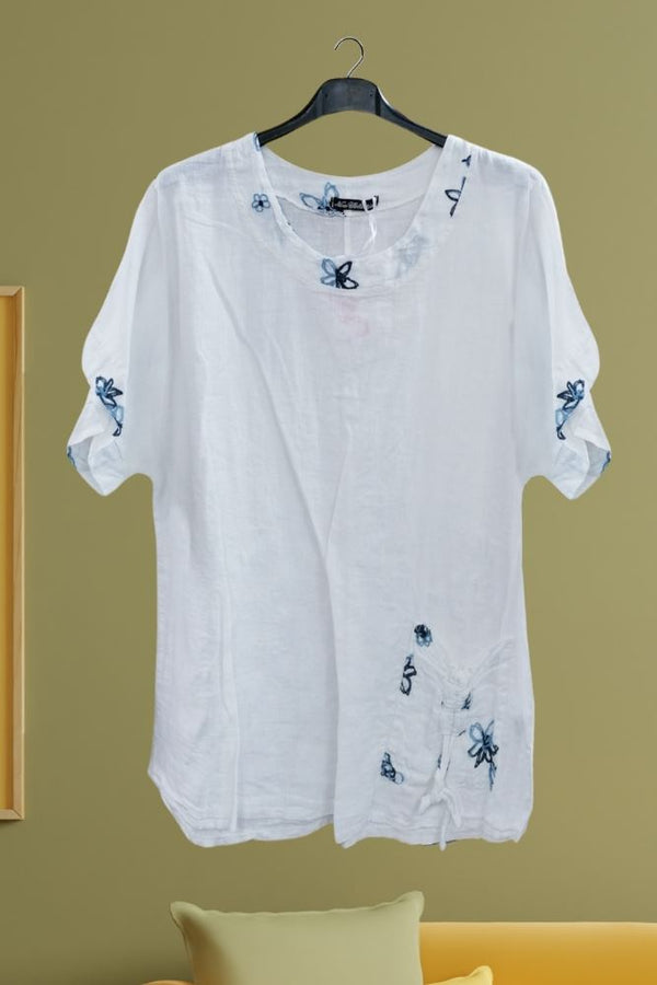 Embroidered Floral Pattern Pocket Linen Top