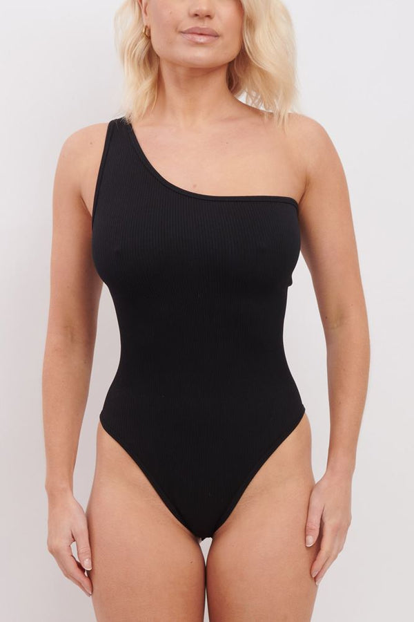 Plain One Shoulder Seamless Ribbed Nylon Bodysuit