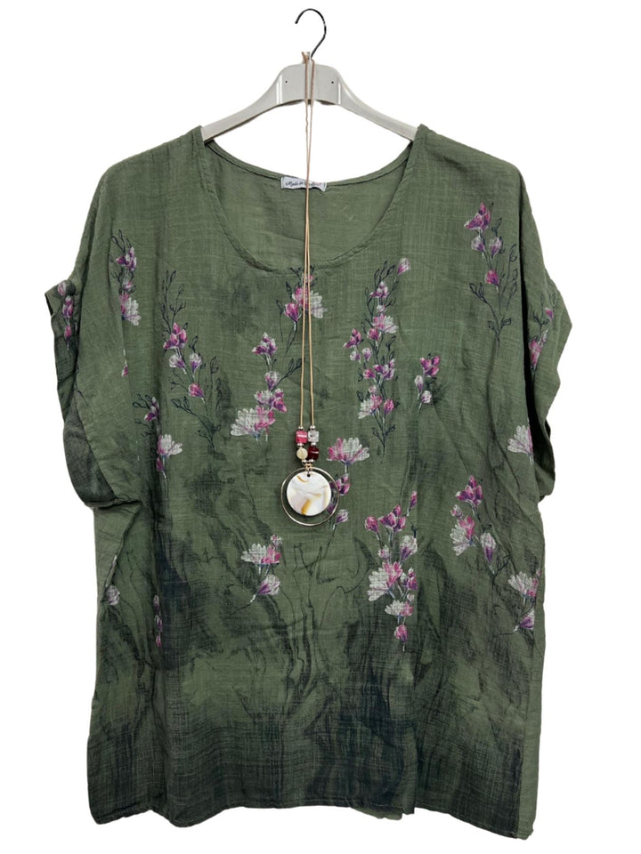 Floral Print Necklace Tunic Cotton Top