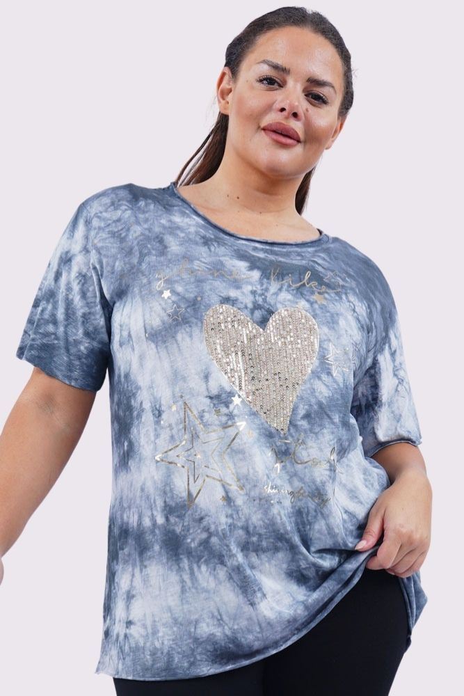 Tie Dye Sequin Heart Pattern Cotton Top