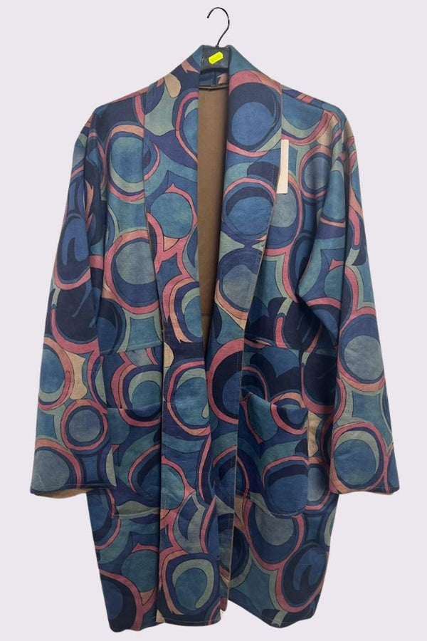 Retro Print Faux Suede Large Pockets Oversized Jacket