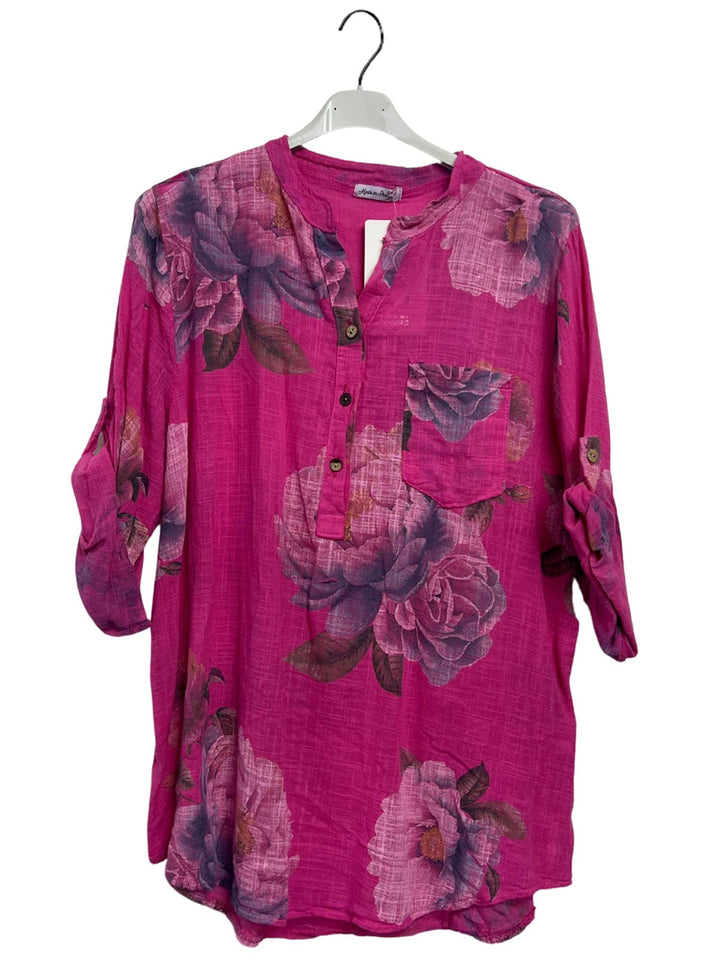 Floral Print Single Chest Pocket Tunic Cotton Top