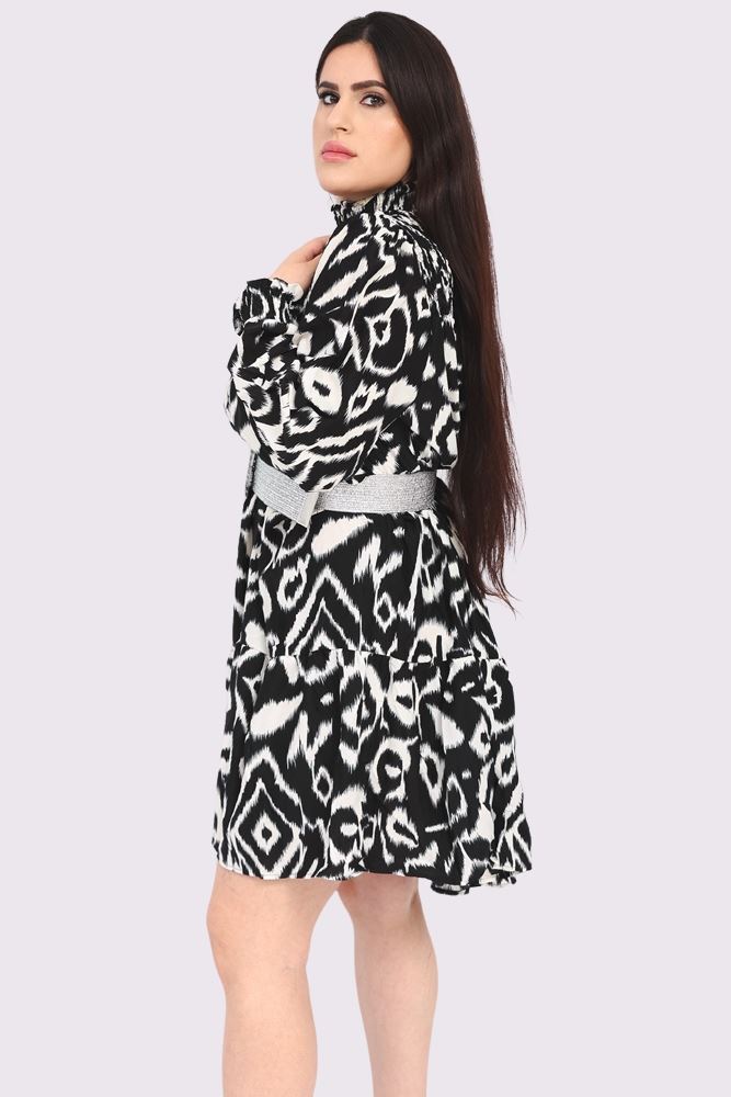 Abstract Print Shirred Cuff Neck Dress