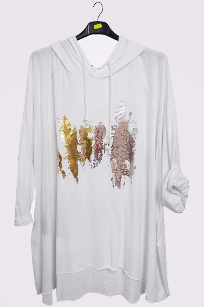 Foil Brush-stroke Pattern Drop Hem Drawstring Hoodie