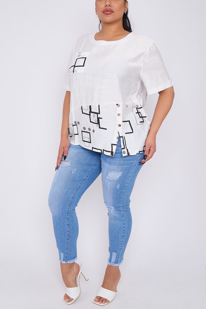 Abstract Print Panelled Button Detail Pocket Cotton Top