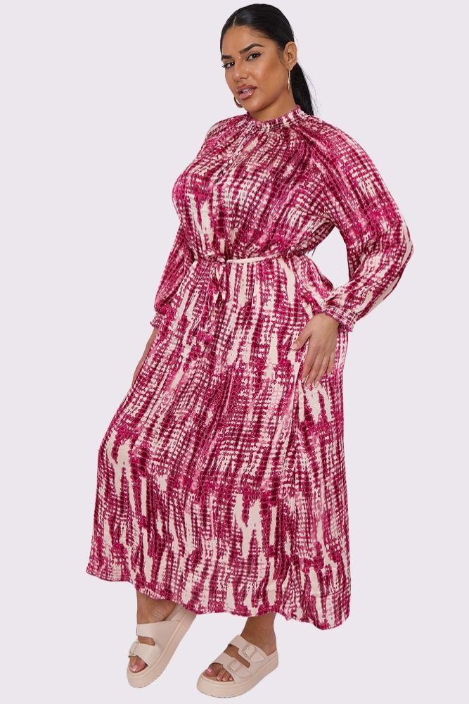 Tie Dye Print Shirred Cuff Belted Dress