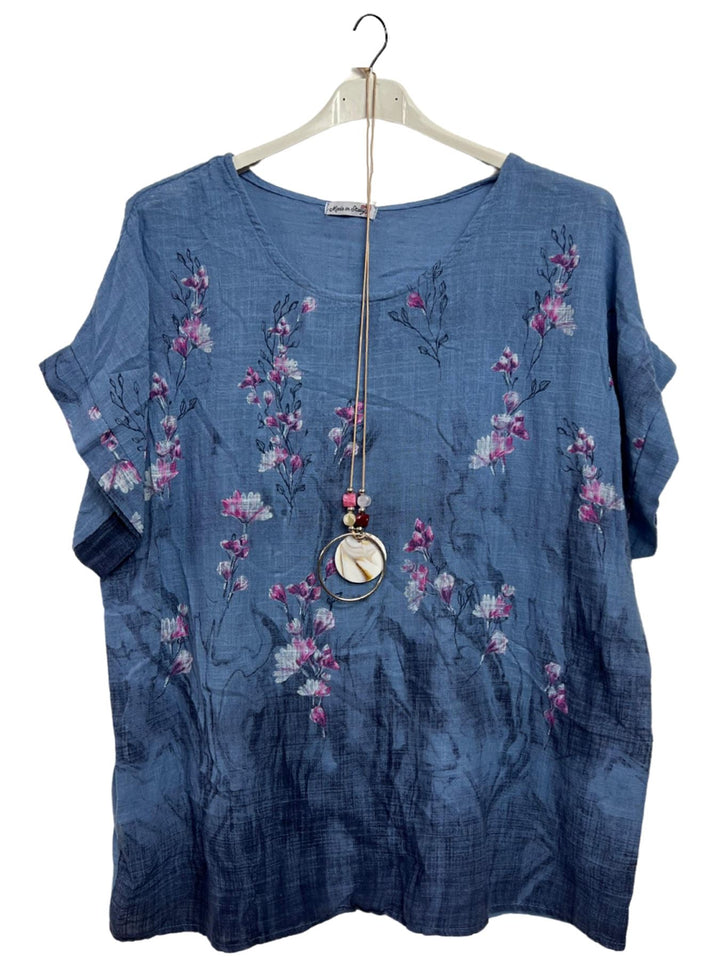 Floral Print Necklace Tunic Cotton Top