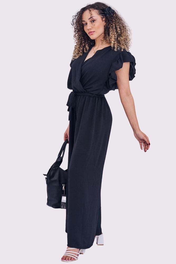 Plain Ruffle Sleeve Wrapover Belted Jumpsuit