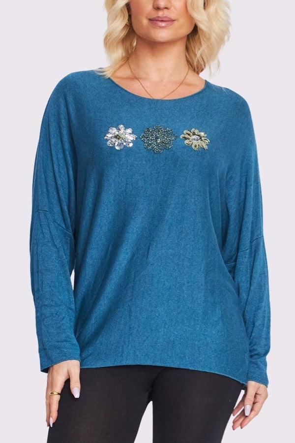 3 Flower Sequin Embroidered Detailing Slight Diphem Top