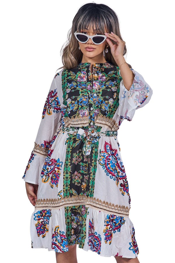 All-Over Floral Paisley Print Bohemian Dress