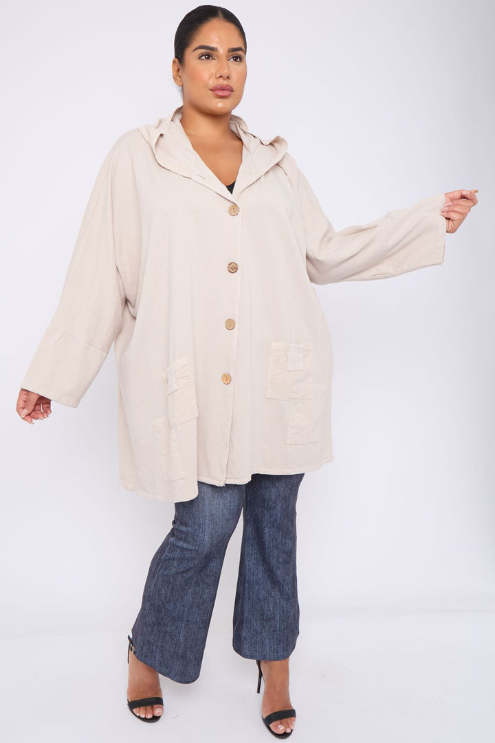 Plain Button Up Pockets Cotton Hoody