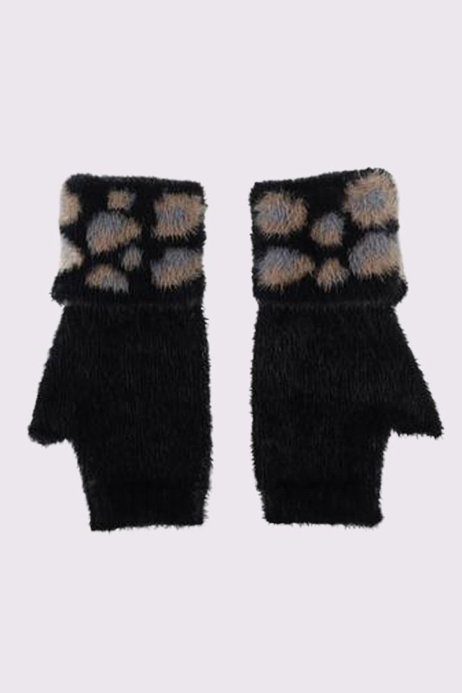 Fur Leopard Print Fingerless Gloves