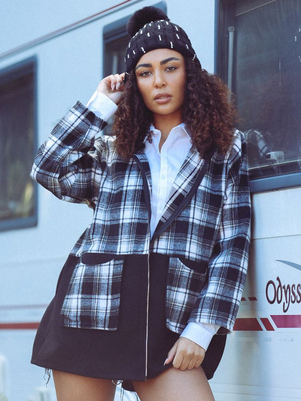 Plaid Check Pattern Pockets Hooded Jacket