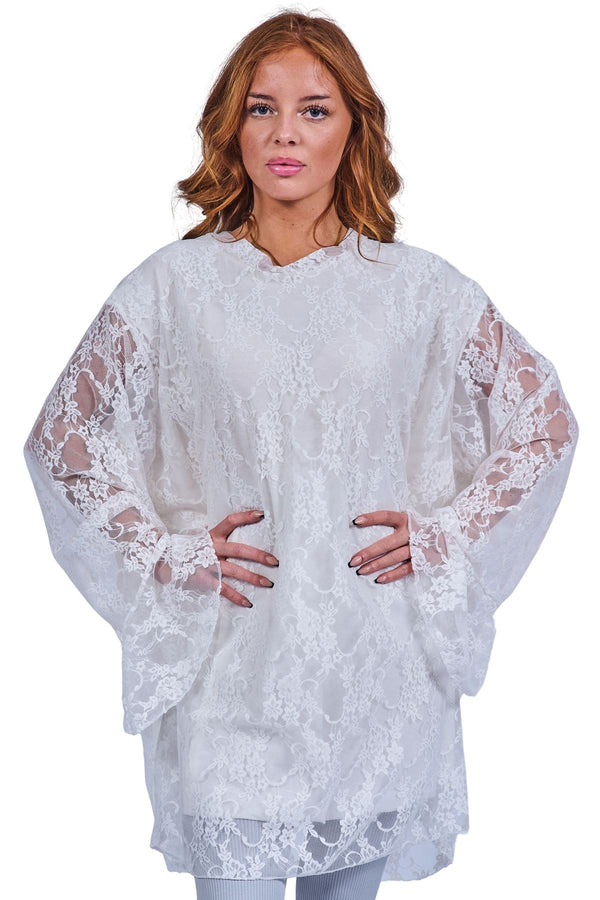 Floral Lace Overlay Pattern Slightly Asymmetrical Hemline Top