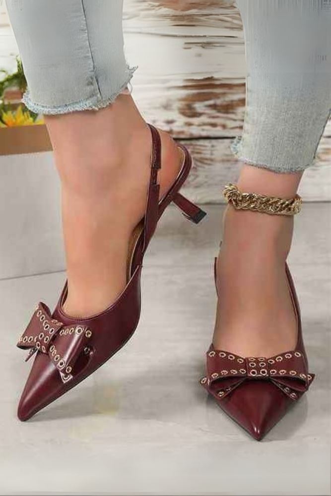 maroon Bow Detail Pointed Toe Pencil Heel Sandal