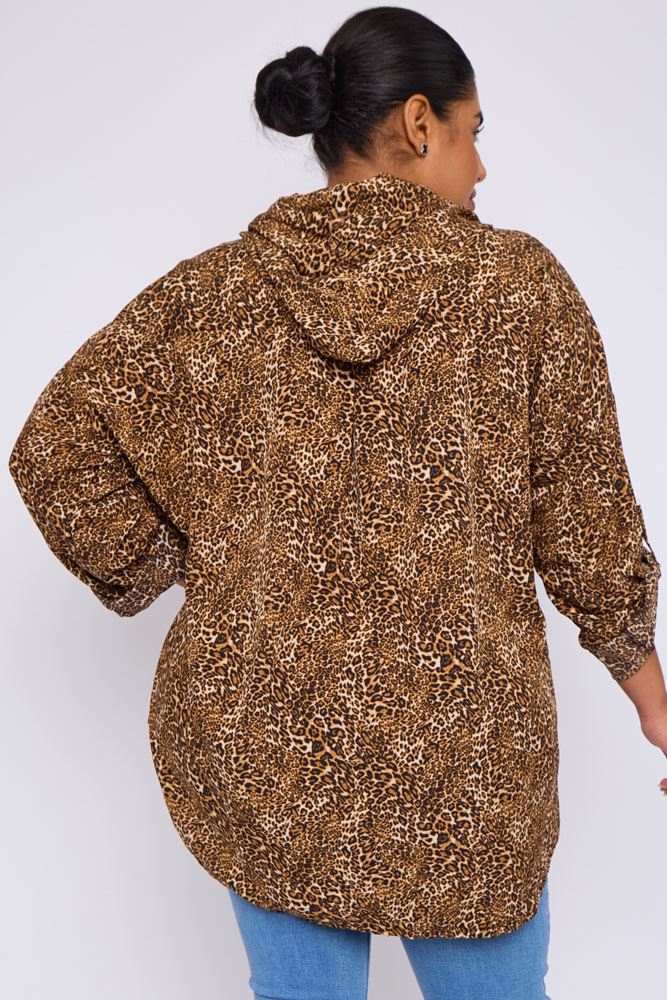 Leopard Print Drawstring Hooded Shirt