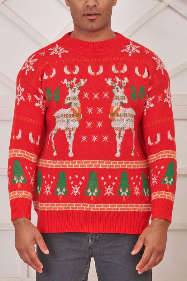 Reindeer Snowflake Pattern Xmas Ribbed Jumper