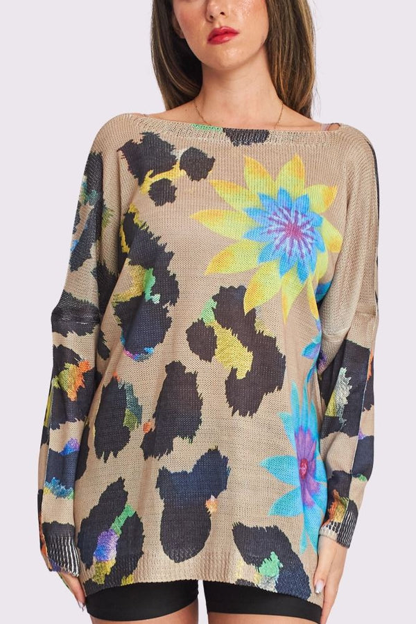 Colour Splash Flower Print Knit Style Oversized Top