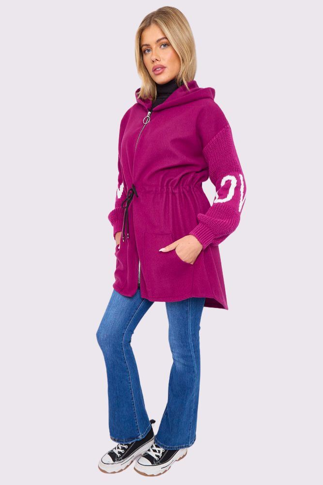 Plain Darwstring Waist Knit Sleeve Hooded Jacket