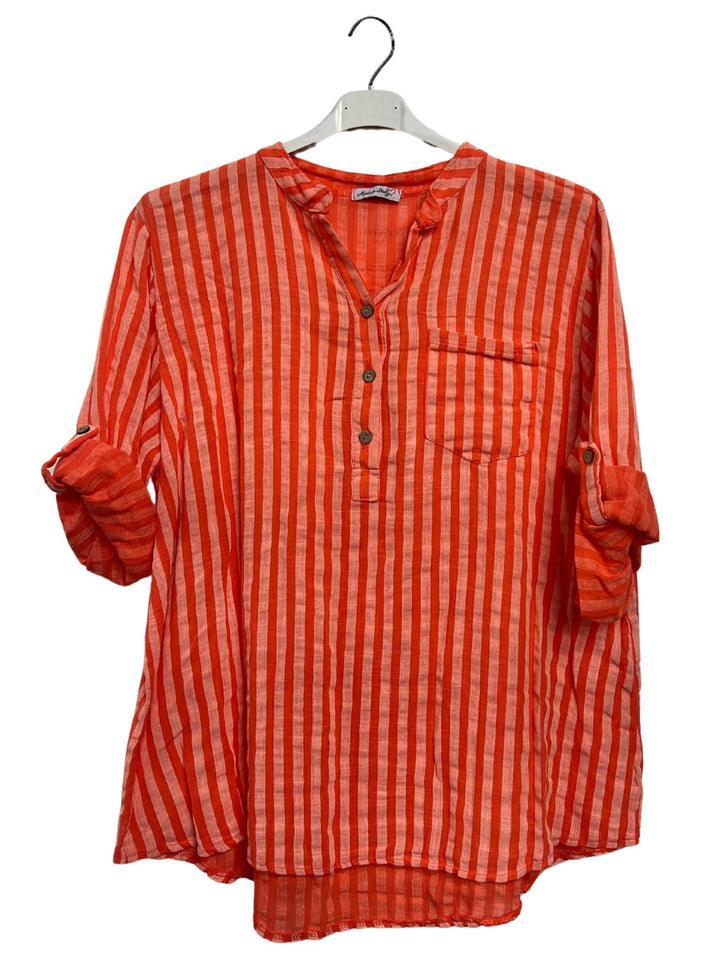 Vertical Stripes Print Single Chest Pocket Tunic Cotton Top