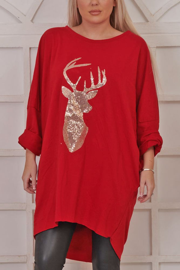 Sequin Reindeer Pattern XMAS Cotton Top