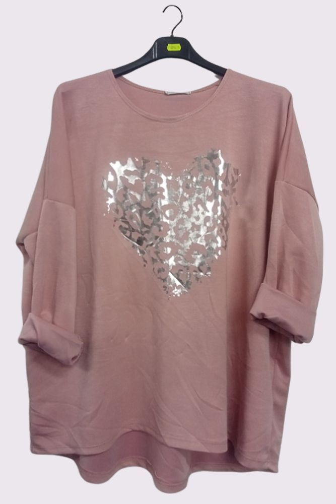 Foil Leopard Heart Print Dipped Hem Top