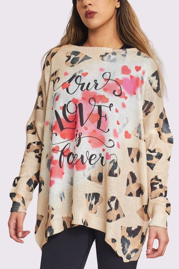 Our Love Is Forever Quote Heart Print Knit Style Oversized Top