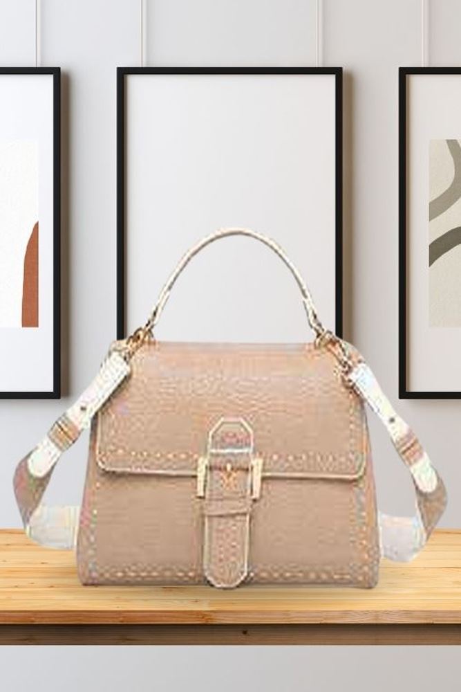 Leather Buckle Front Top Handle Tote Bag