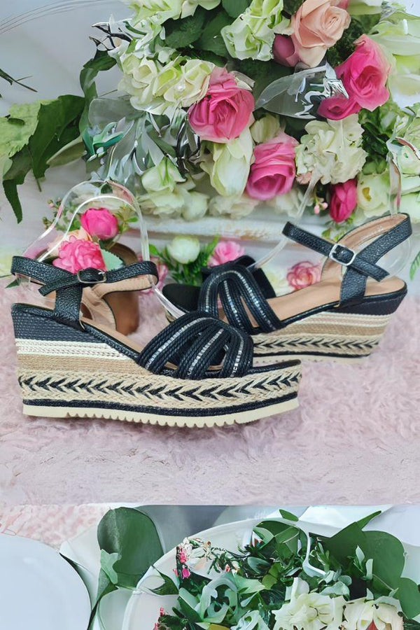 Strap Thread Fastening Buckle Wedge Heel