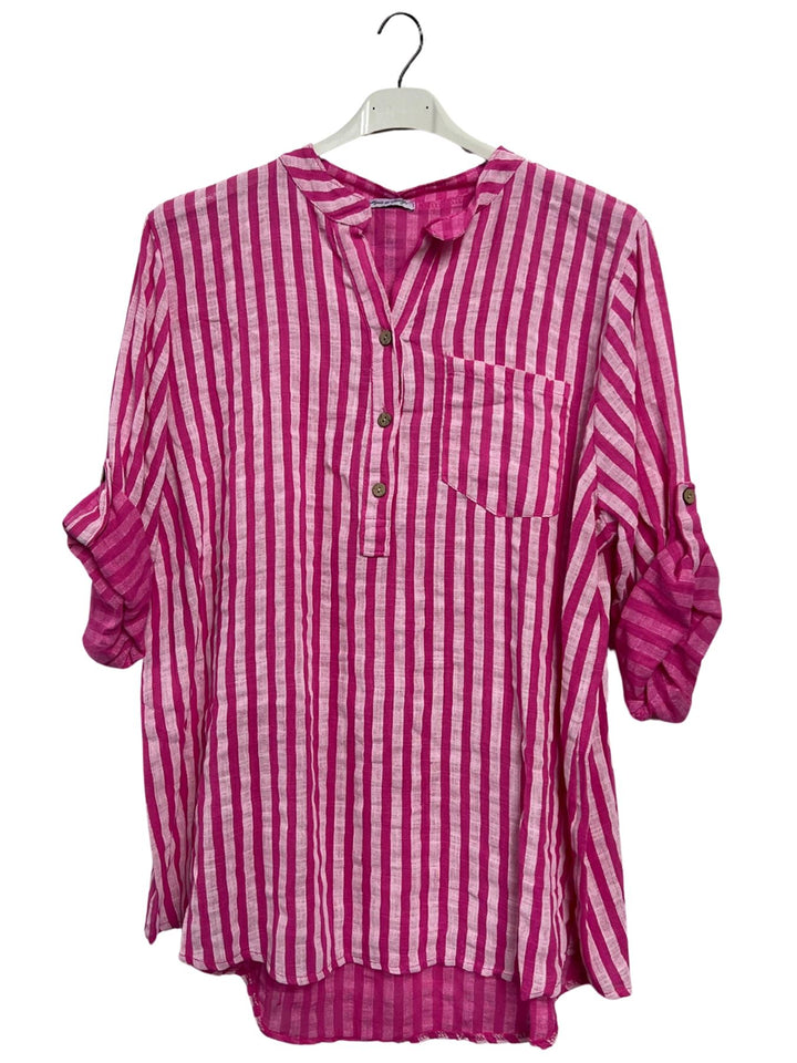 Vertical Stripes Print Single Chest Pocket Tunic Cotton Top