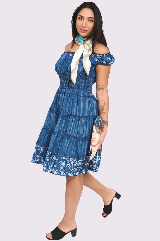 Lily Flower Print Shirred Waist Tiered Denim Cotton Dress