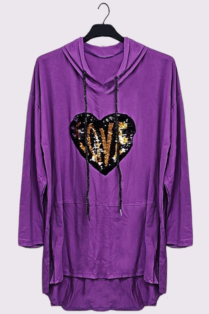 Sequin Love Heart Drop Hem Drawstring Hoodie