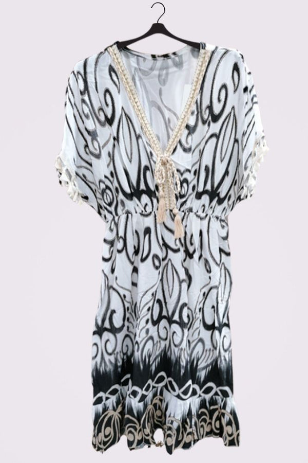 Abstract Swirl Print Embroidered Tassel Neck Dress