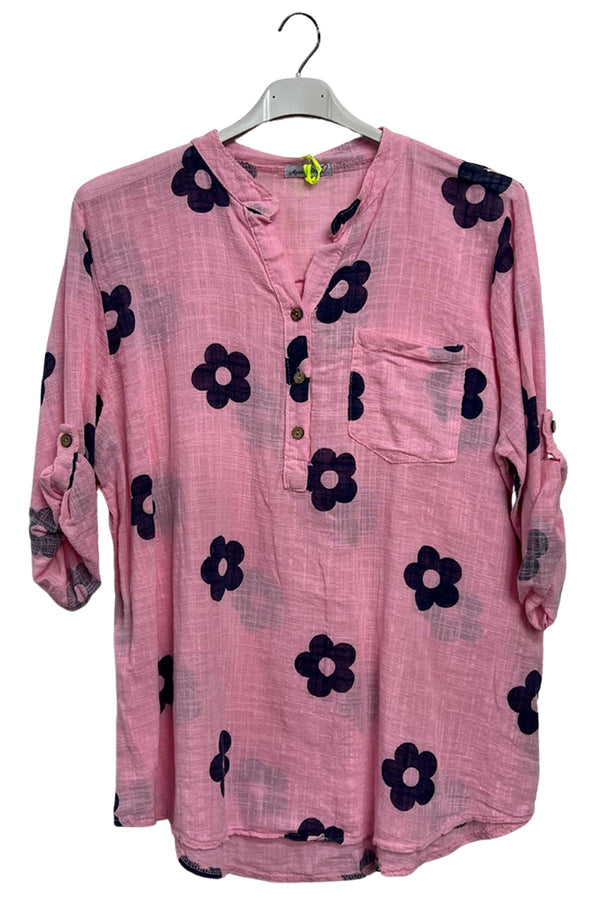 Floral Print Single Chest Pocket Cotton Top