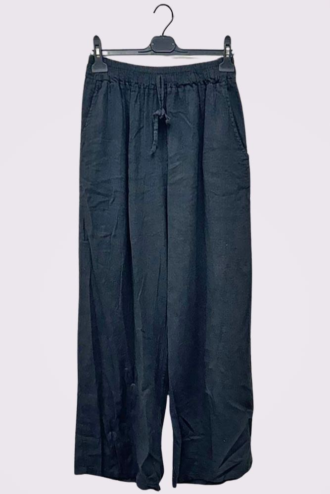 Plain Wide Leg Drawstring Pockets Linen Palazzo