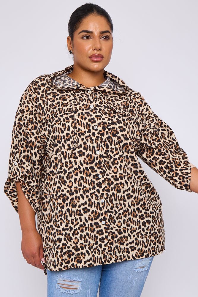 Leopard Print Drawstring Hooded Shirt