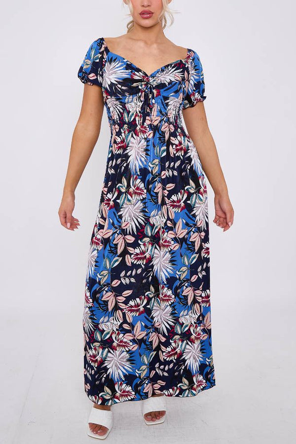 Tropical Leaves Print Shirred Waist Dress