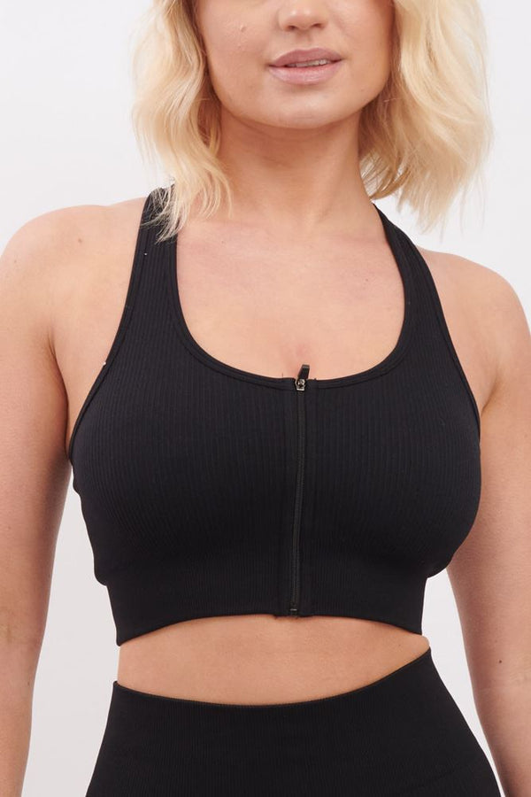 Plain Seamless Ribbed Front Zip Bra