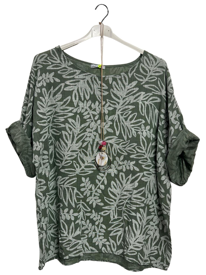 Floral Print Necklace Cotton Tunic Top