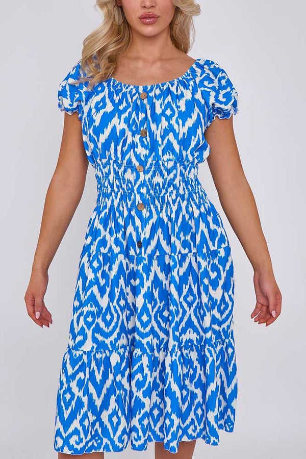 Aztec Print Shirred Waist Tiered Dress