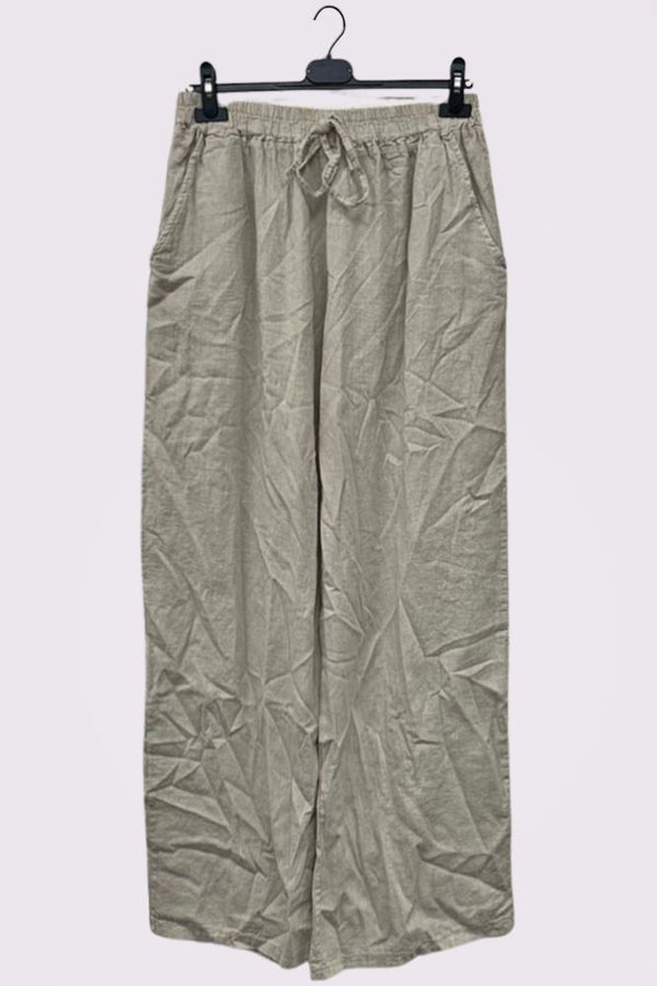 Plain Wide Leg Drawstring Pockets Linen Palazzo