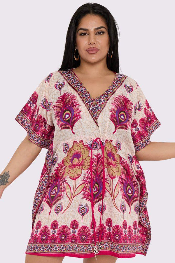 Peacock Feather Print Drawstring Waist Kaftan