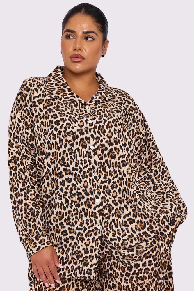 Leopard Print Collar High Low Hem Shirt