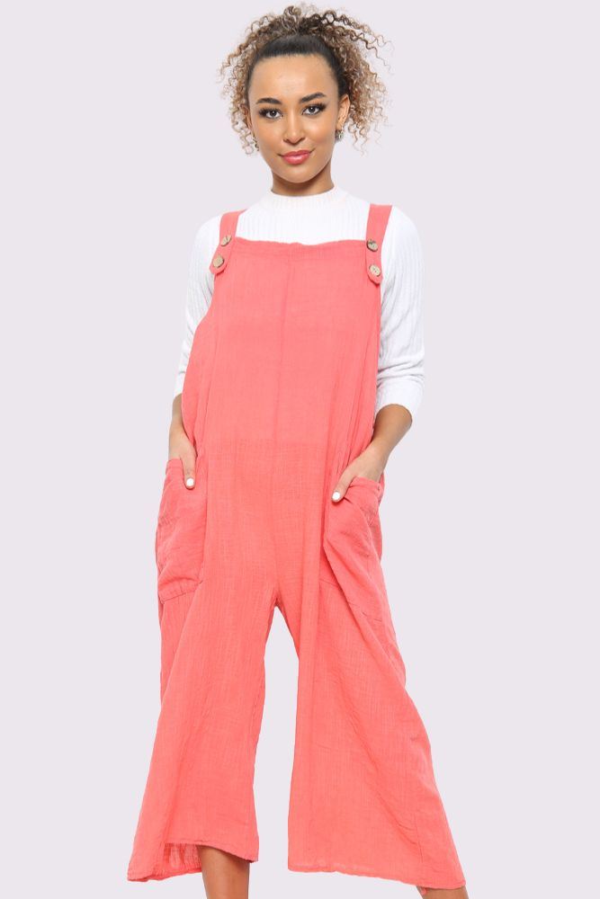 Strap Button Detail Plain Linen Jumpsuit Dungaree