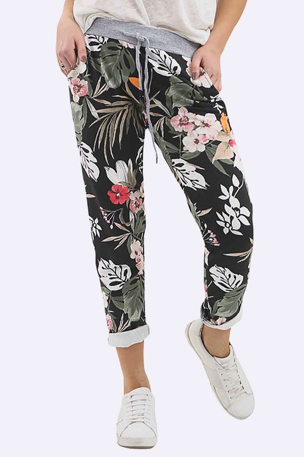 Women Cotton Tropical Print Drawstring Trouser