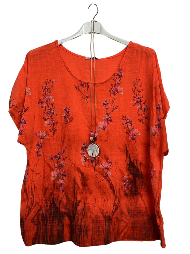 Floral Print Necklace Tunic Cotton Top