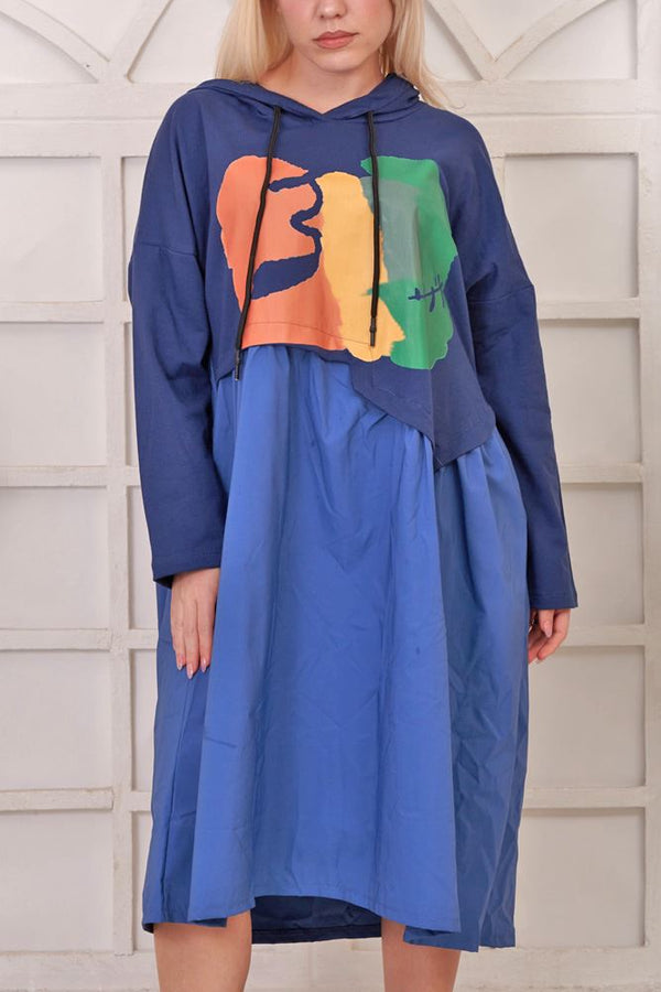 Brush Stroke Layered Hooded Cotton Dress